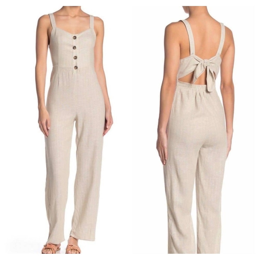 ROMEO + JULIET COUTURE Linen Blend Striped Jumpsuit Wide Leg Back Tie Tan M